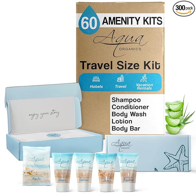 Aqua Organics Amenity Kit | Boxed Hotel Toiletries Bulk Set | 1 oz Shampoo, Conditioner, Lotion, Body Wash & Bar Soap | 300 Sets per Case