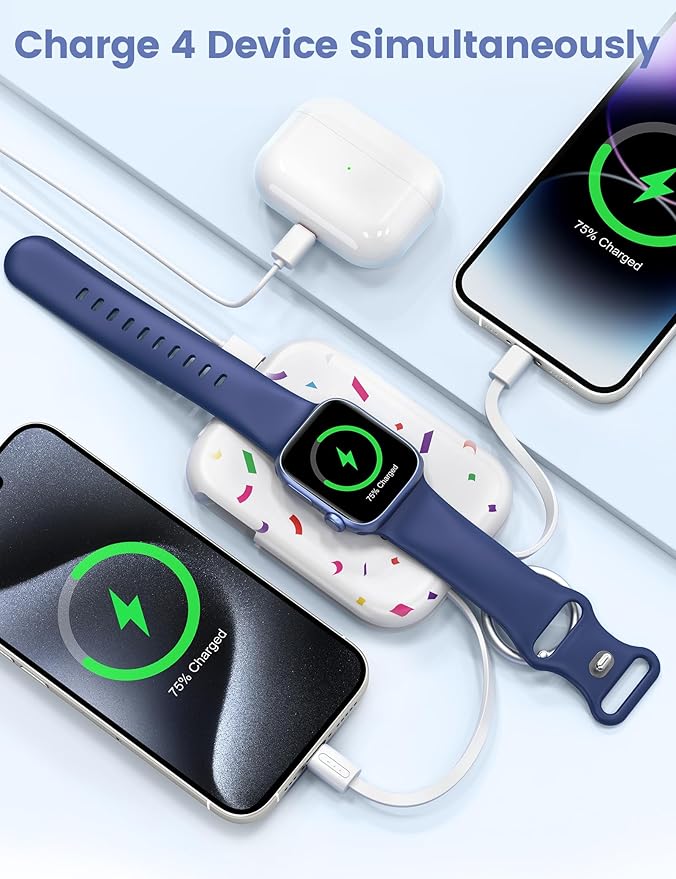 RORRY CharmGo Portable Charger, 5000mAh Portable Charger Power Bank with Built-in Cables, Travel Keychain Battery Pack for Apple Watch and iPhone Air/17/16/15/14/13/12, Confetti-White