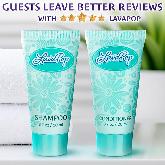 LavaPop - Travel Size Shampoo & Conditioner Set - Iris, Violet & Amber, 0.7 fl oz, 100 Pieces - Bulk Hotel Toiletries for Airbnb, Motels & Guest Rooms