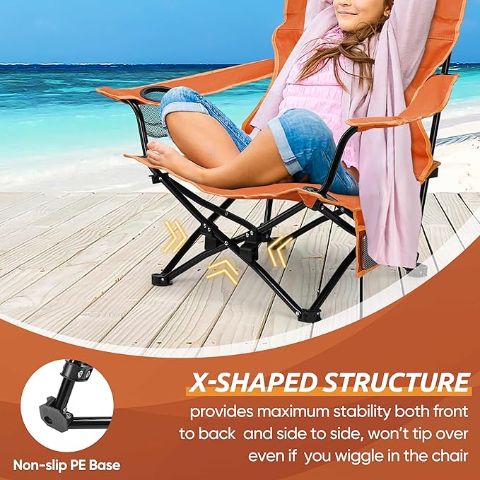 HaSteeL Folding Beach Chair Set of 2, Foldable Orange Camping Chairs for Outside, Low Beach Chair Portable for Adults Fishing, Picnic, Outdoor BBQ, Travel, Sports, Cup Holder & Storage Bag