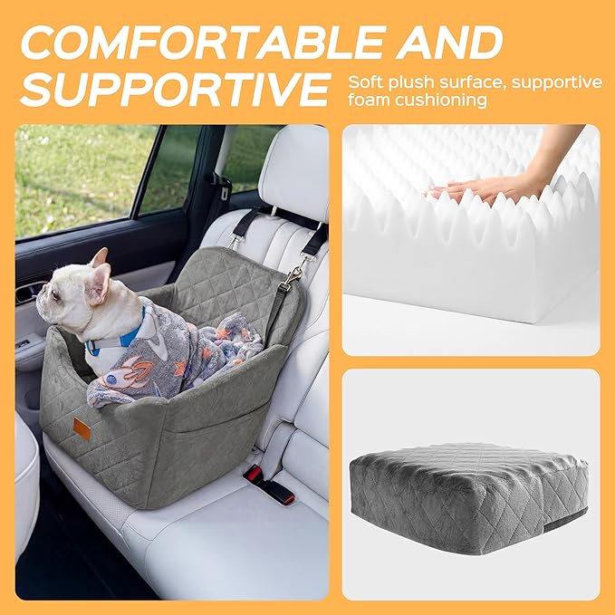 HiPetpy Dog Car Seat 6" Elevated Memory Foam Booster Seat for Small Medium Dogs Under 35 lbs with Pet Blanket, Washable Pet Car Seat with Safety Leash, Anti-Slip Base and Storage Pockets