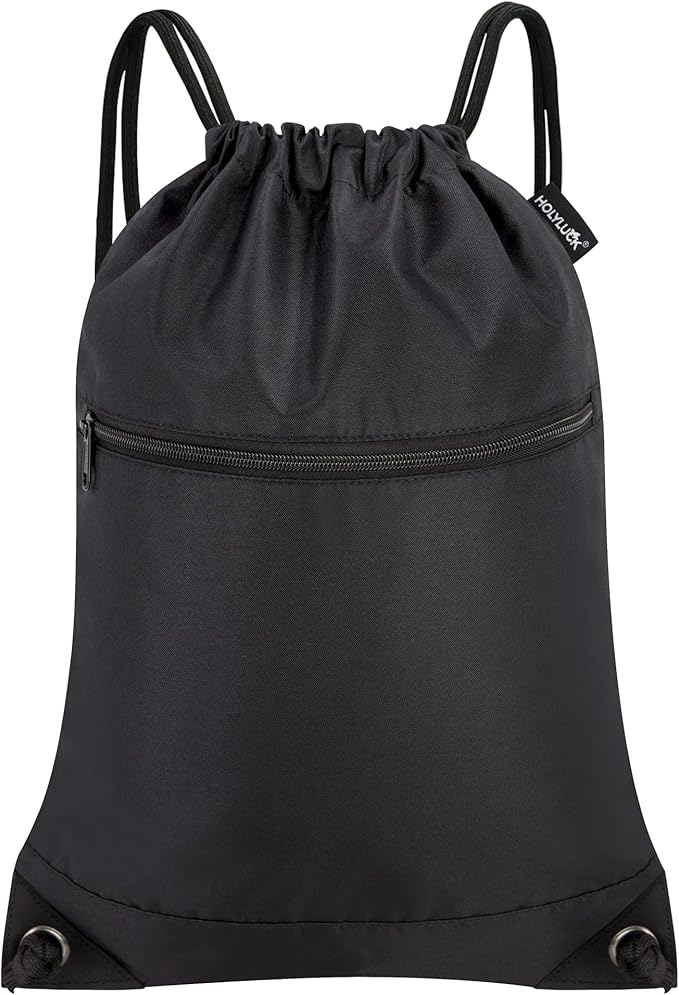 HOLYLUCK Drawstring Bags Backpack Sackpack Cinch Bags for Sports, Gym, Travel, Beach (Black)