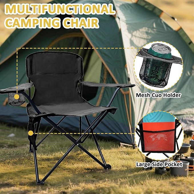 Camping Chair 2 Pack Portable Folding Chair, Supports 300lbs, Lightweight Stable Outdoor Chair for Camping Hiking Fishing Beach Travel Picnic, Compact Collapsible Camping Seat, Classic Black