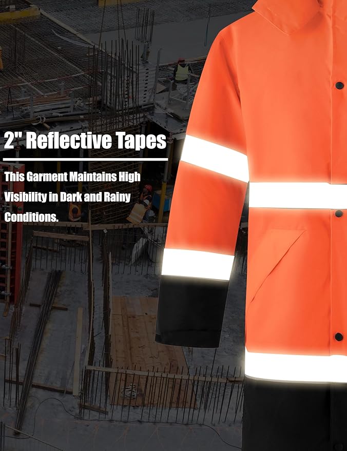 Ubon Men's Hi Vis Long Raincoat Waterproof Reflective Safety Rain Jacket High Visibility with Detachable Hood