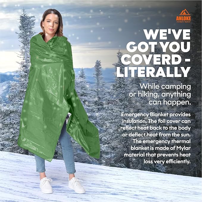 ANLOKE Emergency Blankets Mylar Thermal Blanket (4 Pack) of Space Blanket 82" x62''. Survival Blankets Heavy Duty Camping Gear, First Aid, Green