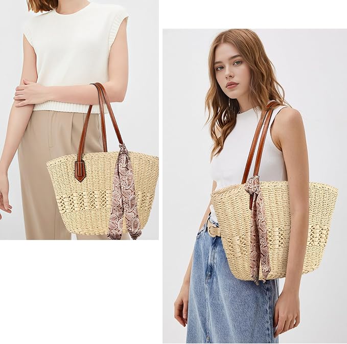 Trifabricy Beach Bags for Women, Summer Straw Bag, Woven Straw Beach Tote Bag Shoulder Handbags