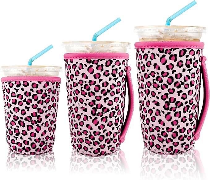 KJQJLY 3 Pack Reusable Iced Coffee Sleeves for Iced Coffee Cups or Drinks Reusable Neoprene Insulated Sleeves for Hot and Cold Drinks from Starbucks, Dunkin, And More (pink leopard print)