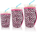 KJQJLY 3 Pack Reusable Iced Coffee Sleeves for Iced Coffee Cups or Drinks Reusable Neoprene Insulated Sleeves for Hot and Cold Drinks from Starbucks, Dunkin, And More (pink leopard print)