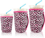 KJQJLY 3 Pack Reusable Iced Coffee Sleeves for Iced Coffee Cups or Drinks Reusable Neoprene Insulated Sleeves for Hot and Cold Drinks from Starbucks, Dunkin, And More (pink leopard print)