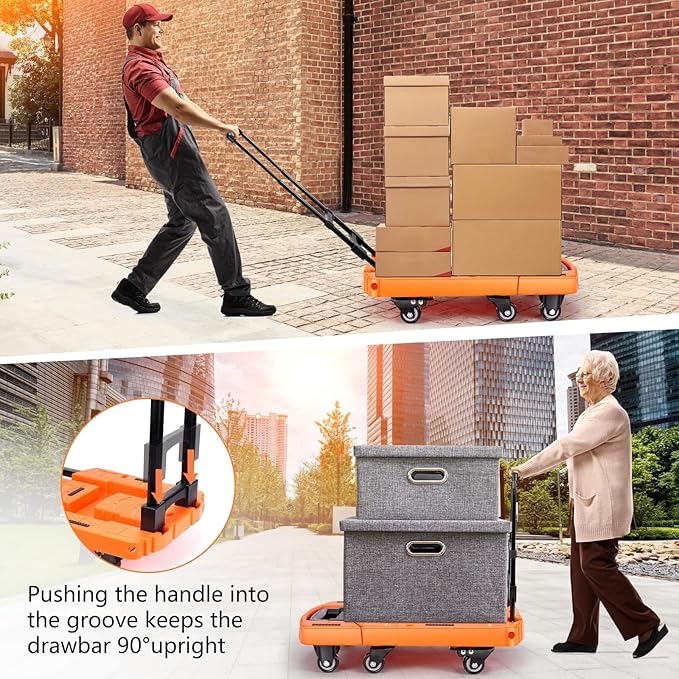Folding Hand Truck with 6 Wheels and Elastic Ropes - Portable Heavy Duty Dolly Cart for Travel and Moving