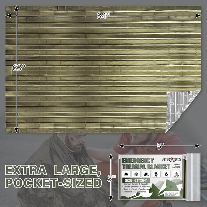 SecuCaptain Survival Emergency Thermal Blankets: Extra Large 84” x63” Space Mylar Blanket Kit for Outdoor Cold Winter Camping Hiking Car Bug Out Bag or First Aid - 10 Pack Amy Green