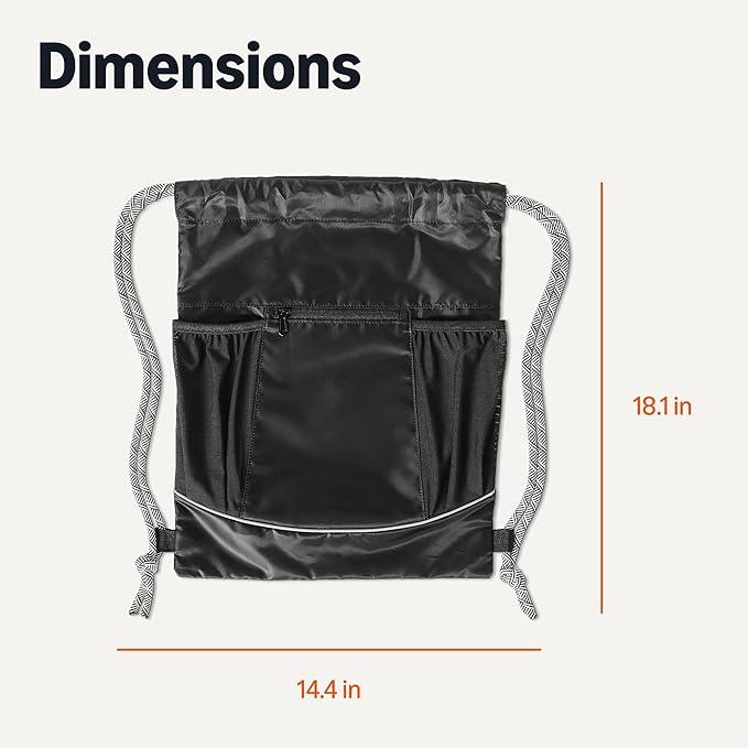 Amazon Basics Drawstring Lightweight Gym Bag Soccer Backpack with Zipper Pouch, Mesh Side Pockets for Water Bottle, Large, Black
