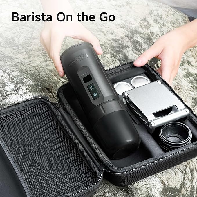 HIBREW H4C Explorer - Portable Electric Espresso Machine, USB-C Rechargeable Coffee Machine for Camping and Travel, Compact for Capsules & Ground Coffee, with Foldable Holder & Carrying Case (Black)
