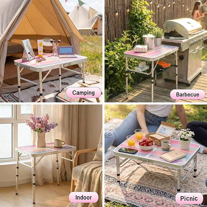 Yriuat Folding Camping Table 2ft Portable Pinic Table Adjustable Height Small Card Table Aluminum Foldable Lightweight with Carry Handle for Outdoor Indoor Hiking Camp BBQ Beach (Blush Haze)