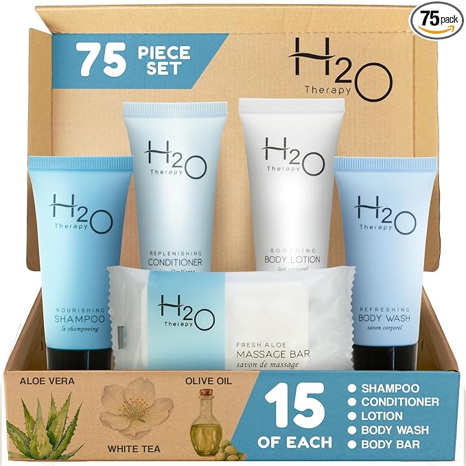 H2O Therapy Hotel Soaps & Toiletries Bulk Set | 1-Shoppe Amenities Kit | 0.85oz Shampoo & Conditioner, Body Wash, Lotion, 1oz Bar Soap | Travel Size | 75 Pieces