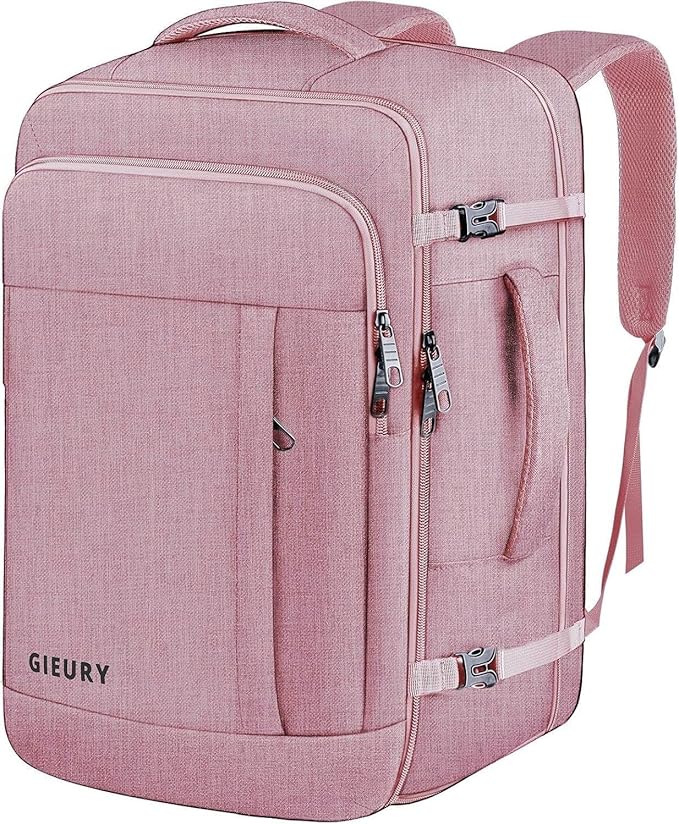 Gieury Carry On Backpack for Women, 50L Travel Backpack Flight Approved, Expandable Backpack For Airplanes, 17 Inch Laptop Backpack, Luggage Suitcase Daypack Lightweight Business Weekender Bag, Pink