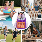 Swim Bag for Kids Mesh Beach Backpack for Boys Lightweight Drawstring Beach Bag Swimming Pool Sports Gym String Bag (Purple-Orange)