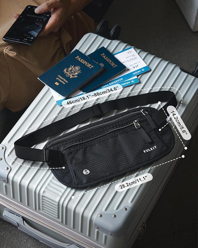 VULKIT Money Belt for Travel, Hidden Passport Holder, Anti-Theft Travel Wallet Under Clothes, RFID Blocking Waist Pouch, Undercover Fanny Pack, Carbon Black