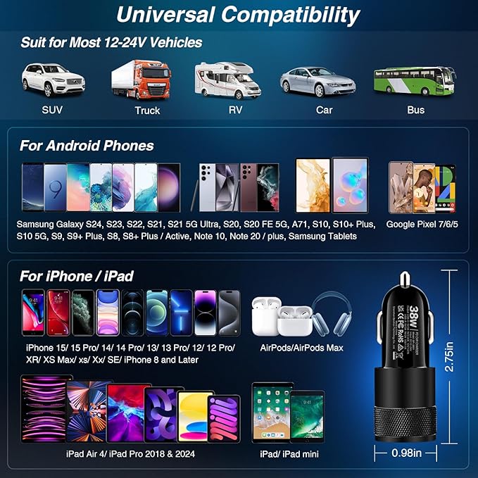USB C Car Charger, 2 Pack 38W Dual Ports USB-C & USB-A Car Charger Adapter Fast Charging Cigarette Lighter Chargers for iPhone 17 Pro Max 16 16e 15, Samsung S24, Pixel Cargador para Carro Phone Plug