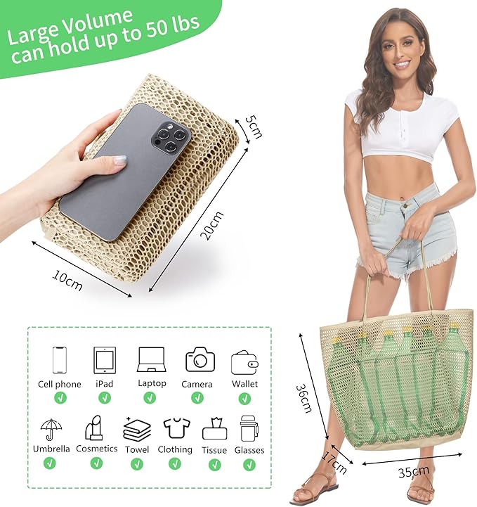KALIDI Beach Nylon Mesh Tote Bag, Casual Tote Bag Hobo Women Foldable MAX 23L Shoulder Bag For Beach Picnic Vacation