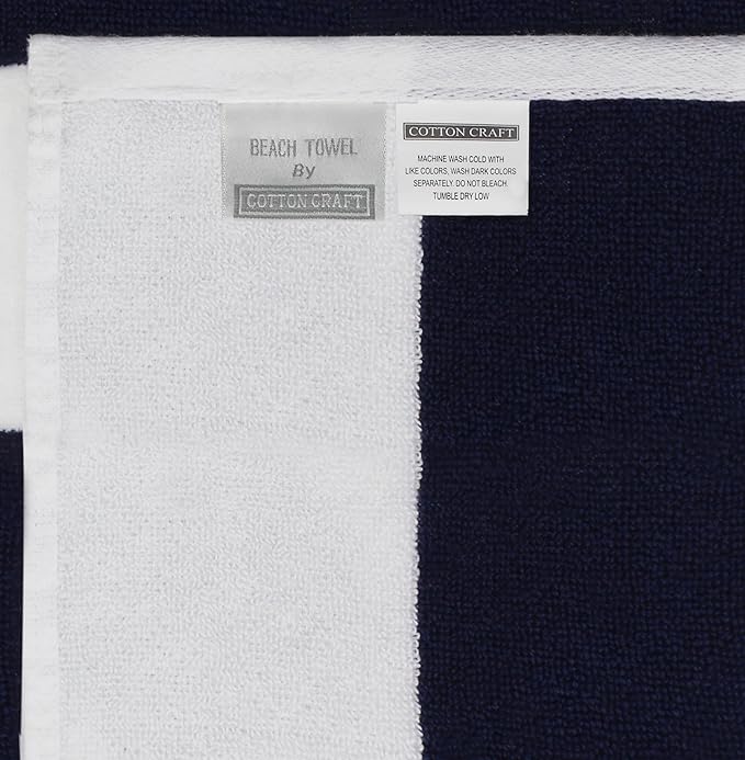 COTTON CRAFT Oversized Beach Towel - 2 Pack 35 x 70 inches XL Beach Towel - 100% Cotton Velour - Big & Huge - Thick Plush 450 GSM Super Soft Luxury Towel - Pool Picnic Bath - Cabana Stripe Navy