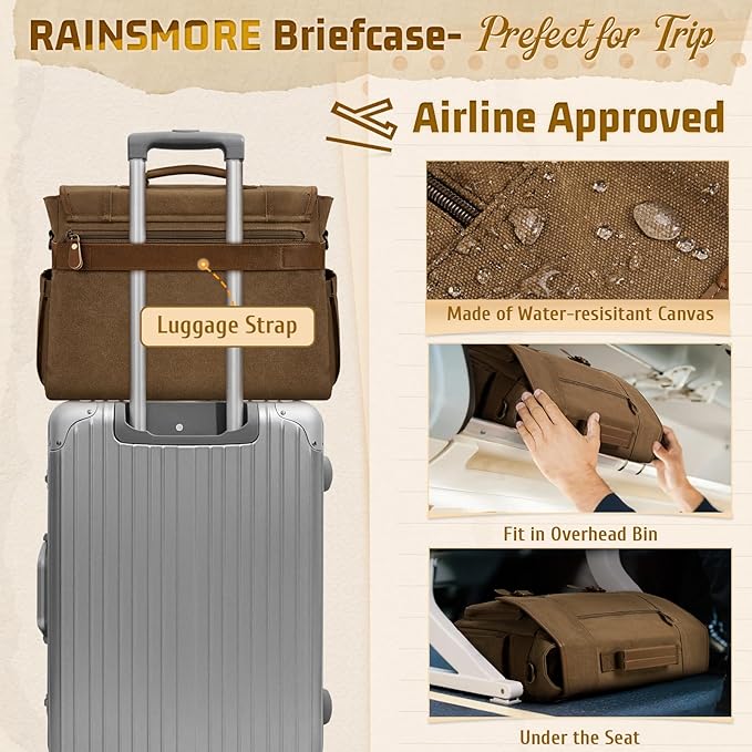 RAINSMORE Mens Messenger Bag 17-17.3 Inch Vintage Canvas Briefcase Water-resistant Large Computer Laptop Bag Rugged Satchel Shoulder Bag for Work Travel, Bookbag for College
