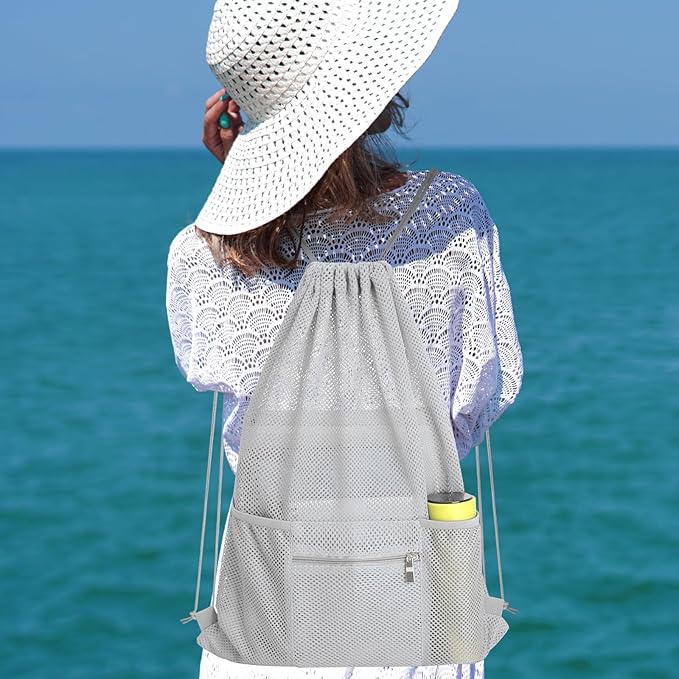 NATURAL STYLE Mesh Drawstring Backpack Bag, Gym Sports Bag with Zipper Pocket Bottle Holder, String Beach Bag for Swiming Travel (Grey)