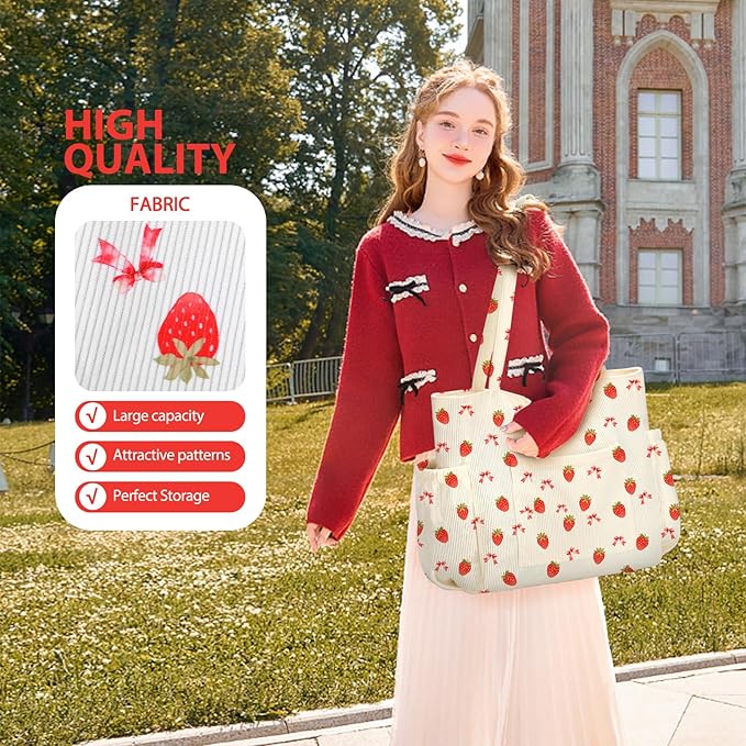 Corduroy Tote Bag for Women,Large Capacity Cute Tote Bags With 6 Pockets,Crossbody Shoulder Handbag for Work Travel Gym