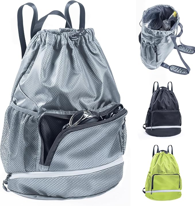 Swim Beach Sports Drawstring Backpack - Gym Bag with Shoes Compartment and Waterproof Pocket for Gym Accessories, Swim Essentials - Kids Mens Beach Workout Bag