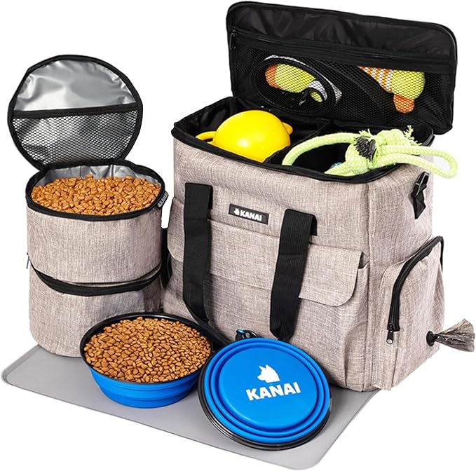 8-Pack – Dog Travel Essentials Kit – Food Storage, Bowls, Mat & Poop Bag Dispenser – Institutional Pet Supply Set