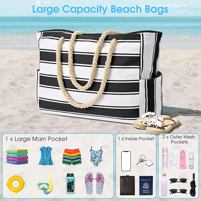 Becokan Beach Bags for Women Large Waterproof Beach Tote Bag Zipper Beach Bags Waterproof Sandproof Swim Pool Bag Large Tote