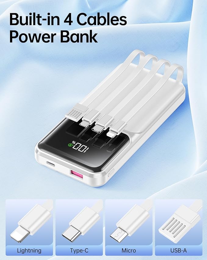 RONEGN Portable Charger with Built in Cable -20000mAh Fast Charging Power Bank USB C Slim 22.5W LED Display Battery Pack 5 Outputs & 3 Inputs for Travel Essentials iPhone Samsung Phones White