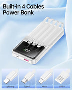 RONEGN Portable Charger with Built in Cable -20000mAh Fast Charging Power Bank USB C Slim 22.5W LED Display Battery Pack 5 Outputs & 3 Inputs for Travel Essentials iPhone Samsung Phones White