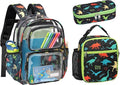 Bagseri 3pcs Clear Backpack for Boys - 15 Inch School Bag Set with Lunch Box and Pencil Case, Heavy Duty Transparent Bookbag for Kindergarten to Grade 2, Black Dinosaur
