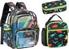 Bagseri 3pcs Clear Backpack for Boys - 15 Inch School Bag Set with Lunch Box and Pencil Case, Heavy Duty Transparent Bookbag for Kindergarten to Grade 2, Black Dinosaur