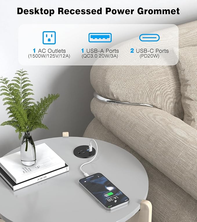 Desk Grommet Power Outlet, 2.5 inch Desktop Recessed Outlet with 20W Fast Charging USB-C Port, Flush Mount Outlet for Conference Rooms, Office Tables, Furniture (Black, 10FT)