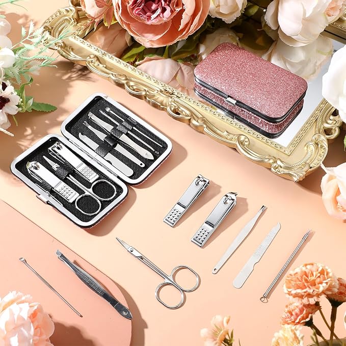 Geosar 50 Set 8 in 1 Travel Manicure Kit Bulk Professional Nail Clippers Pedicure Nail Care Tools Grooming Stainless Steel Set with Portable Travel Case, Gift for Valentine Men Women(Glitter Pink)