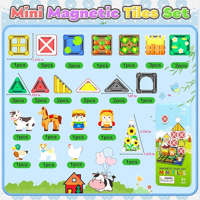 ORZbb Mini Magnetic Tiles Farm Animal Toys Toddler Travel Essentials Set with Case, Kids Magnetic Blocks Montessori Education Learning Sensory Preschool Toys for 3+ Year Old Boys Girls Gifts
