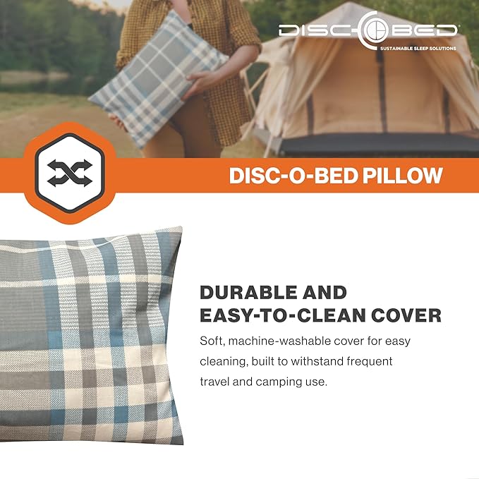 Disc-O-Bed Compact and Packable Travel Pillow with Washable Cover, Ultralight for Backpacking, Hiking, and Camping, Ocean Plaid