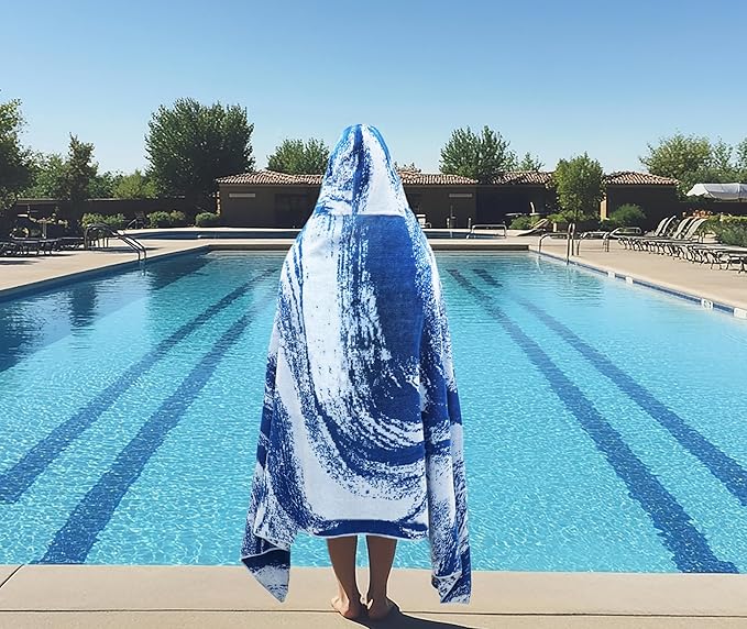 COTTON CRAFT Hooded Beach Towel - Oversized XXL 35x84 Towel with Hood for Adults - The Big Kahuna 7 Foot Large Beach Blanket Towel - Big & Tall Soft 100% Cotton Velour Pool Bath Wrap - Waves Blue