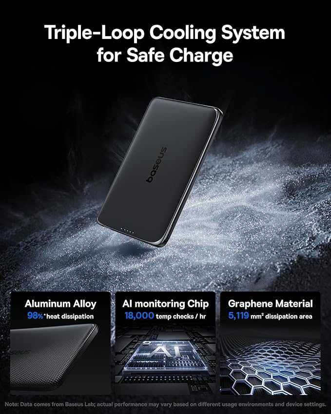 Baseus Picogo Power Bank, 0.3" Ultra Slim 5000mAh MagSafe Battery Pack, Upgraded CCC Certified and Polished Alloy Magnetic Portable Charger, Wireless Charger for iPhone 17/16/15/14/13/12