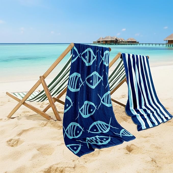 CASA COPENHAGEN Miami Bath Towel 2Pcs 100% Egyptian Cotton Gift Set- Fish Navy + Turquoise Stripe, 600GSM,35"x70",(Boxpack,Gift Ribbon, Set for Women & Men)