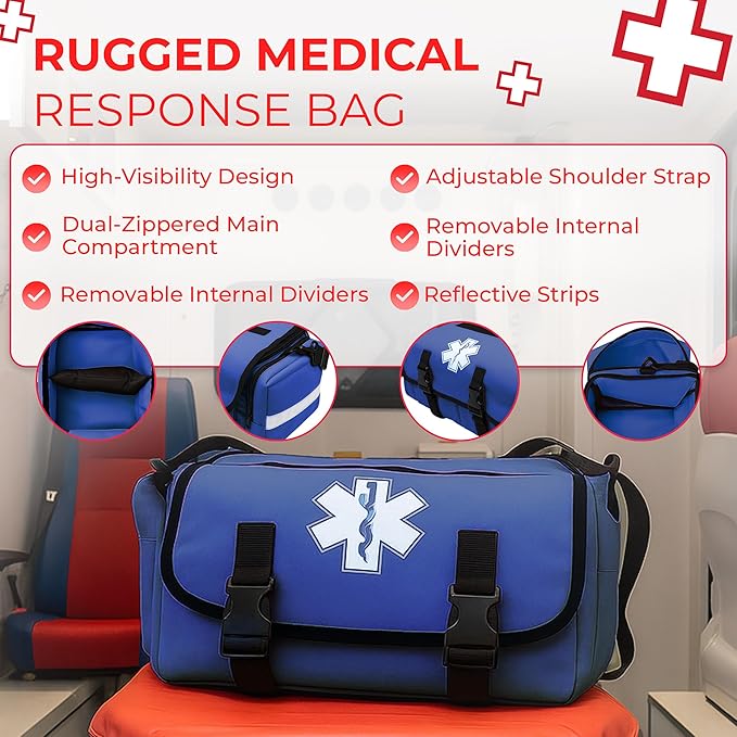 Fully Stocked EMT Trauma Bag – Tactical First Responder Medical Kit with Tourniquet, Chest Seals, Bleeding Control, Gauze, Shears & Bandages – Navy Blue