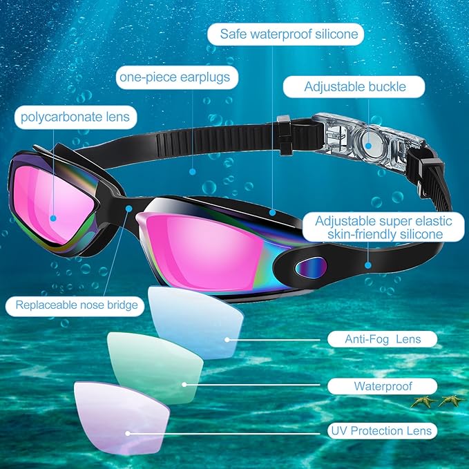 Flutesan 6 Pack Swim Goggles for Adult Anti Fog Swimming Glasses with Ear Plugs Nose Clip No Leaking Full Protection Goggles