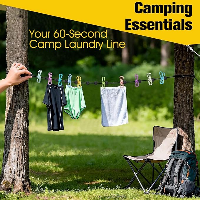 Clothesline Camping Essentials, Elastic Travel Clothes Line Camping Gear for Outdoor Glamping, Cruise and RV Must Haves, 1 Count