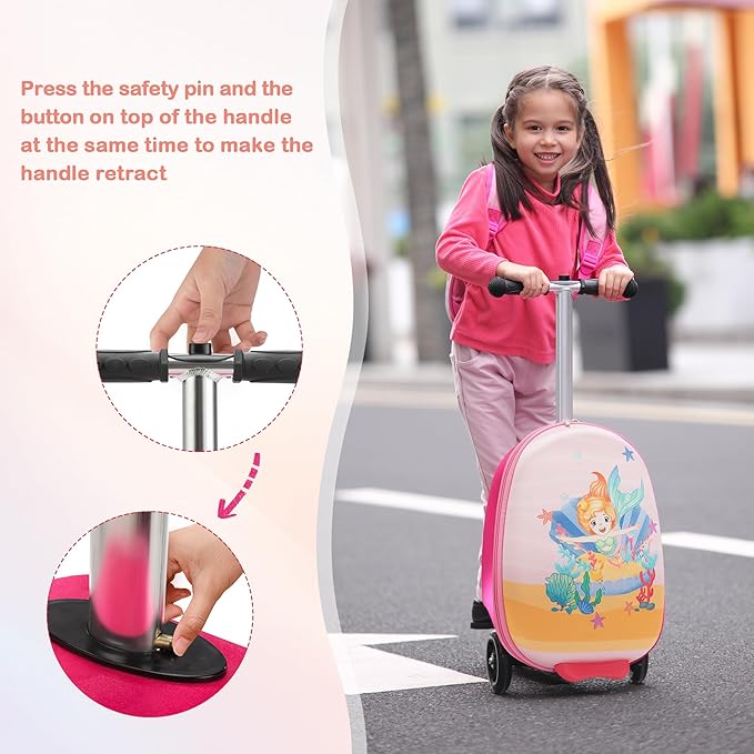 VLIVE Kids 2-in-1 Ride-On Suitcase & Backpack Set, 30L Suitcase + 10L Backpack, Durable EVA, Lightweight Foldable Wheels, Mermaid Design for Girls Ages 4-8