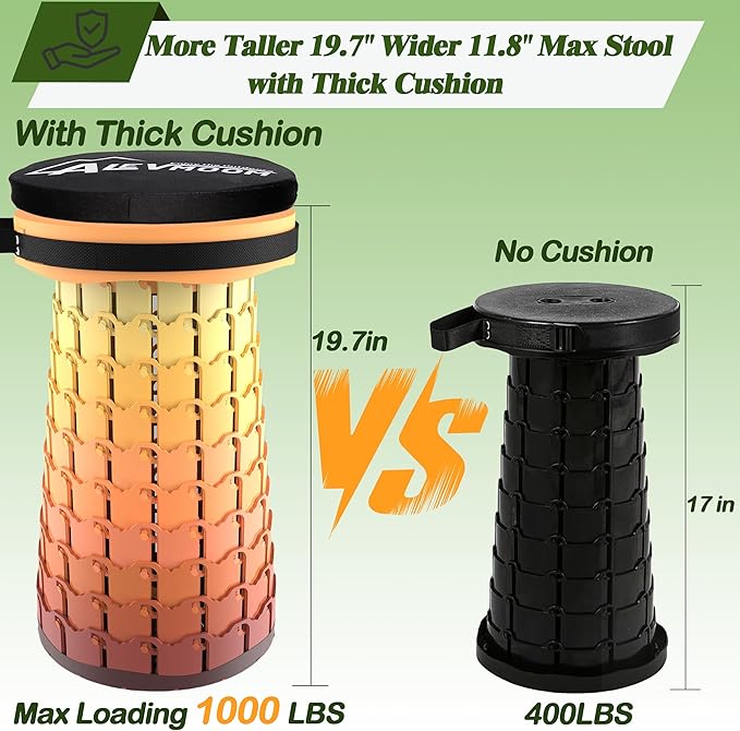 ALEVMOOM Upgraded XXL Collapsilbe Stool with Cushion,More Sturdy and Height 19.7",D11.8,Portable and Lightweight Adjustable Chair Telescoping Stool for Camping Hiking BBQ Max Loading 1000Ibs