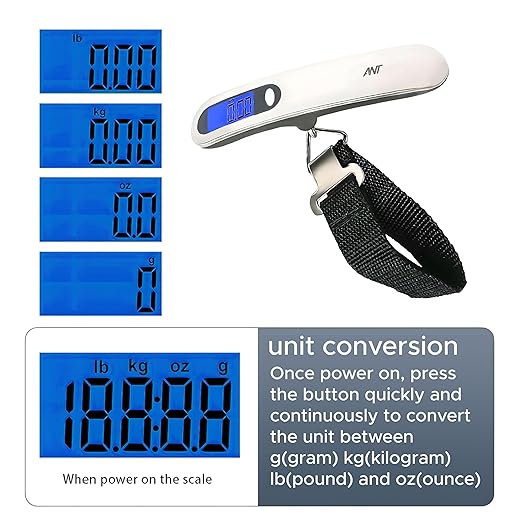ANT Digital Luggage Scale 50kg – Portable High-Precision Travel Weight Scale with Backlit LCD, Strap Hook, Tare & Unit Switch – Ideal for Flights, Suitcases, Parcels – White
