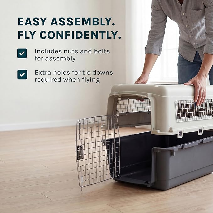 SportPet Airline Compliant LARGE 31.5" Travel Dog Kennel-Durable Plastic Airline Pet Carrier w/ Removable Wheels & Food Bowls, Collapsible Indoor/Outdoor Dog Kennel, Dogs up to 28"L & 20"H-Cream/Gray