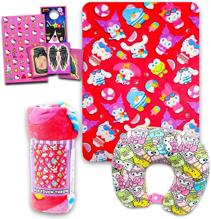 SANRIO Hello Kitty Neck Pillow and Blanket Set - Bundle Hello Kitty Boba Travel Neck Pillow, Hello Kitty Fleece Blanket, Stickers, More | Hello Kitty Travel Accessories